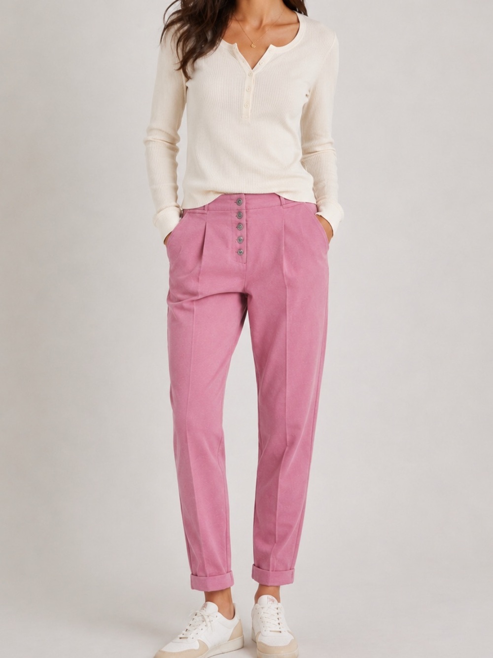 Mos Mosh Nolan Linen Blend Button Fly Salmon Curvy Straight Leg High Rise Pants